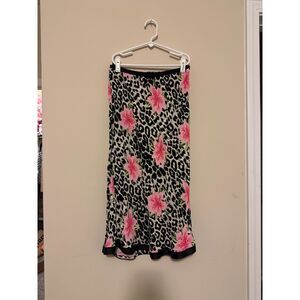 Loco Lindo Vintage Pink Lily Leopard Print Rayon Midi Skirt Size M